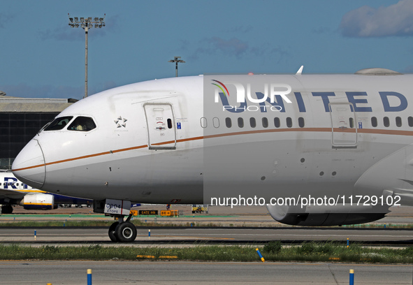 A Boeing 787-8 Dreamliner from United Airlines begins its takeoff run at Barcelona El Prat Airport in Barcelona, Spain, on October 8, 2024. 