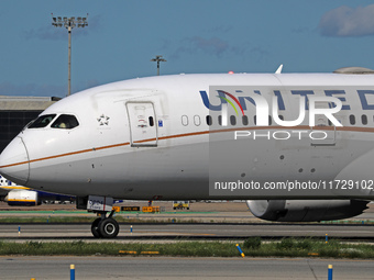 A Boeing 787-8 Dreamliner from United Airlines begins its takeoff run at Barcelona El Prat Airport in Barcelona, Spain, on October 8, 2024....