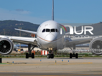 A Boeing 787-8 Dreamliner from United Airlines begins its takeoff run at Barcelona El Prat Airport in Barcelona, Spain, on October 8, 2024....