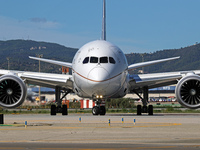 A Boeing 787-8 Dreamliner from United Airlines begins its takeoff run at Barcelona El Prat Airport in Barcelona, Spain, on October 8, 2024....