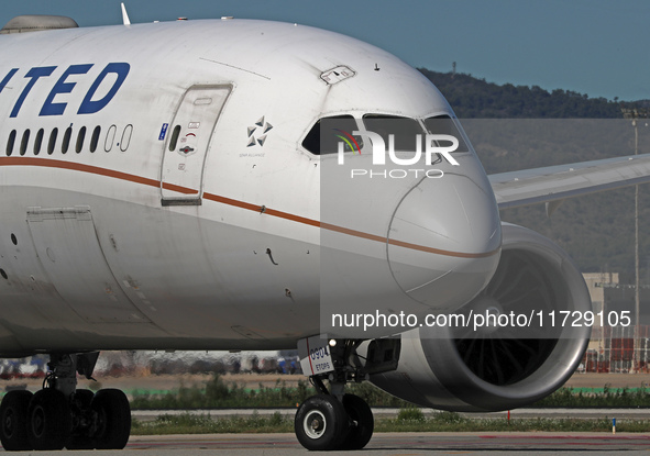 A Boeing 787-8 Dreamliner from United Airlines begins its takeoff run at Barcelona El Prat Airport in Barcelona, Spain, on October 8, 2024. 