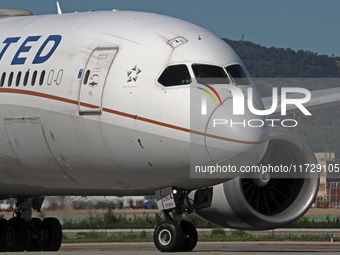 A Boeing 787-8 Dreamliner from United Airlines begins its takeoff run at Barcelona El Prat Airport in Barcelona, Spain, on October 8, 2024....