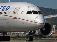 A Boeing 787-8 Dreamliner from United Airlines begins its takeoff run at Barcelona El Prat Airport in Barcelona, Spain, on October 8, 2024....