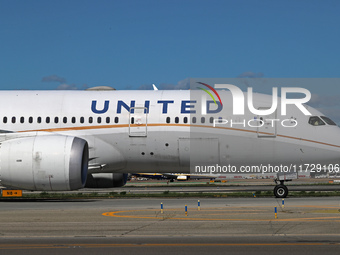 A Boeing 787-8 Dreamliner from United Airlines starts the run for takeoff at Barcelona El Prat airport in Barcelona, Spain, on October 8, 20...