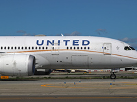 A Boeing 787-8 Dreamliner from United Airlines starts the run for takeoff at Barcelona El Prat airport in Barcelona, Spain, on October 8, 20...