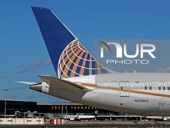 A Boeing 787-8 Dreamliner from United Airlines starts the run for takeoff at Barcelona El Prat airport in Barcelona, Spain, on October 8, 20...