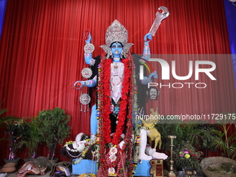 A clay idol of the Hindu goddess Kali is inside a ''pandal'' (a temporary platform), a decorated structure, on the occasion of the Kali Puja...