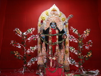 A clay idol of the Hindu goddess Kali is inside a ''pandal'' (a temporary platform), a decorated structure, on the occasion of the Kali Puja...