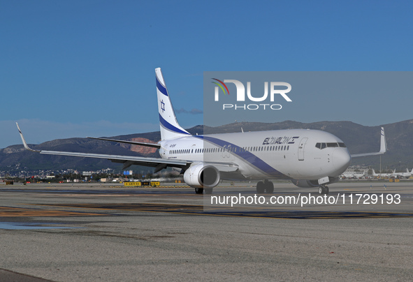 A Boeing 737-958(ER) from El Al is on the runway ready to take off from Barcelona airport in Barcelona, Spain, on October 8, 2024. 