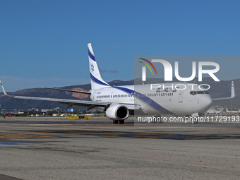 A Boeing 737-958(ER) from El Al is on the runway ready to take off from Barcelona airport in Barcelona, Spain, on October 8, 2024. (