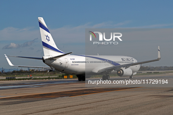 A Boeing 737-958(ER) from El Al is on the runway ready to take off from Barcelona airport in Barcelona, Spain, on October 8, 2024. 