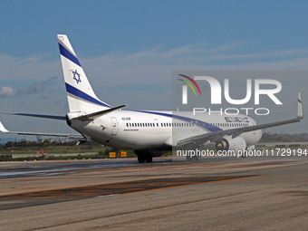 A Boeing 737-958(ER) from El Al is on the runway ready to take off from Barcelona airport in Barcelona, Spain, on October 8, 2024. (