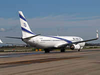 A Boeing 737-958(ER) from El Al is on the runway ready to take off from Barcelona airport in Barcelona, Spain, on October 8, 2024. (