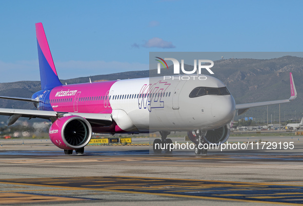 An Airbus A321-271NX from Wizz Air is on the runway ready to take off from Barcelona airport in Barcelona, Spain, on October 8, 2024. 