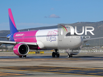 An Airbus A321-271NX from Wizz Air is on the runway ready to take off from Barcelona airport in Barcelona, Spain, on October 8, 2024. (