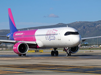 An Airbus A321-271NX from Wizz Air is on the runway ready to take off from Barcelona airport in Barcelona, Spain, on October 8, 2024. (