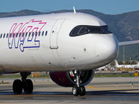 An Airbus A321-271NX from Wizz Air is on the runway ready to take off from Barcelona airport in Barcelona, Spain, on October 8, 2024. (