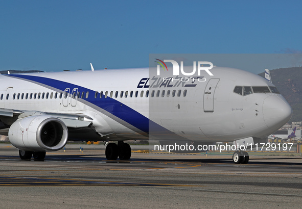 A Boeing 737-958(ER) from El Al is on the runway ready to take off from Barcelona airport in Barcelona, Spain, on October 8, 2024. 