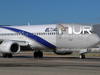 A Boeing 737-958(ER) from El Al is on the runway ready to take off from Barcelona airport in Barcelona, Spain, on October 8, 2024. (