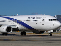 A Boeing 737-958(ER) from El Al is on the runway ready to take off from Barcelona airport in Barcelona, Spain, on October 8, 2024. (