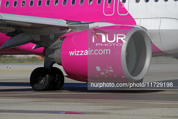 An Airbus A321-271NX from Wizz Air is on the runway ready to take off from Barcelona airport in Barcelona, Spain, on October 8, 2024. 