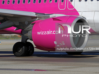 An Airbus A321-271NX from Wizz Air is on the runway ready to take off from Barcelona airport in Barcelona, Spain, on October 8, 2024. (