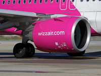 An Airbus A321-271NX from Wizz Air is on the runway ready to take off from Barcelona airport in Barcelona, Spain, on October 8, 2024. (