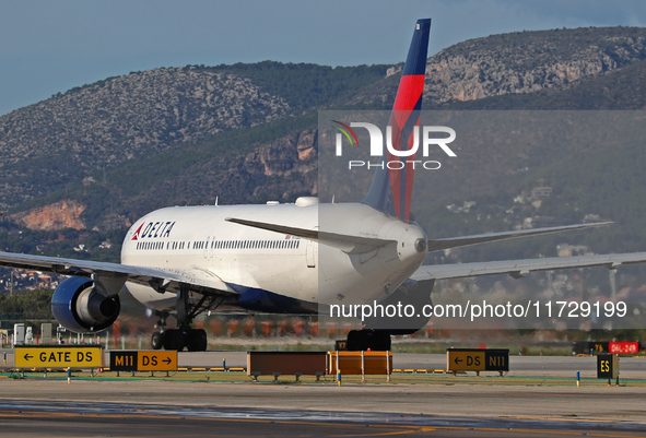 A Boeing 767-332(ER) from Delta Air Lines is on the runway ready to take off from Barcelona airport in Barcelona, Spain, on October 8, 2024....