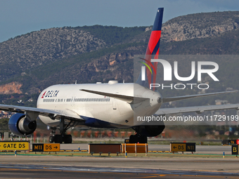 A Boeing 767-332(ER) from Delta Air Lines is on the runway ready to take off from Barcelona airport in Barcelona, Spain, on October 8, 2024....