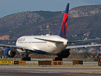 A Boeing 767-332(ER) from Delta Air Lines is on the runway ready to take off from Barcelona airport in Barcelona, Spain, on October 8, 2024....