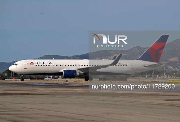 A Boeing 767-332(ER) from Delta Air Lines is on the runway ready to take off from Barcelona airport in Barcelona, Spain, on October 8, 2024....