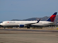 A Boeing 767-332(ER) from Delta Air Lines is on the runway ready to take off from Barcelona airport in Barcelona, Spain, on October 8, 2024....