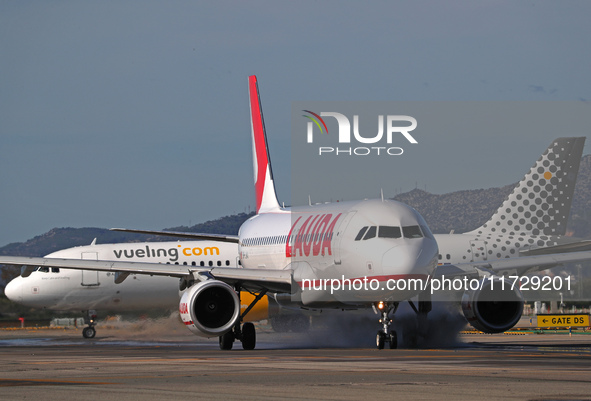 An Airbus A320-214 from Lauda Europe is on the runway ready to take off from Barcelona airport in Barcelona, Spain, on October 8, 2024. 