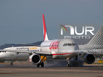 An Airbus A320-214 from Lauda Europe is on the runway ready to take off from Barcelona airport in Barcelona, Spain, on October 8, 2024. (