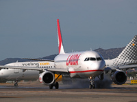 An Airbus A320-214 from Lauda Europe is on the runway ready to take off from Barcelona airport in Barcelona, Spain, on October 8, 2024. (