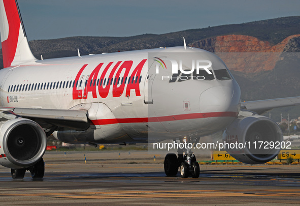 An Airbus A320-214 from Lauda Europe is on the runway ready to take off from Barcelona airport in Barcelona, Spain, on October 8, 2024. 