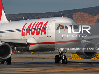 An Airbus A320-214 from Lauda Europe is on the runway ready to take off from Barcelona airport in Barcelona, Spain, on October 8, 2024. (