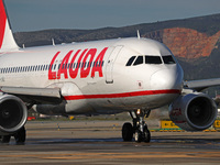 An Airbus A320-214 from Lauda Europe is on the runway ready to take off from Barcelona airport in Barcelona, Spain, on October 8, 2024. (