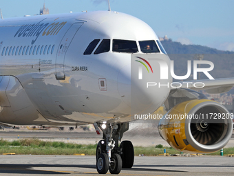 An Airbus A320-232 from Vueling is on the runway ready to take off from Barcelona airport in Barcelona, Spain, on October 8, 2024. (