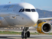 An Airbus A320-232 from Vueling is on the runway ready to take off from Barcelona airport in Barcelona, Spain, on October 8, 2024. (