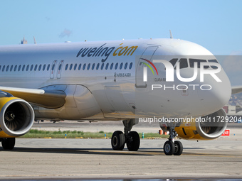 An Airbus A320-232 from Vueling is on the runway ready to take off from Barcelona airport in Barcelona, Spain, on October 8, 2024. (