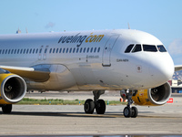 An Airbus A320-232 from Vueling is on the runway ready to take off from Barcelona airport in Barcelona, Spain, on October 8, 2024. (