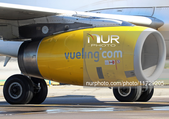 An Airbus A320-232 from Vueling is on the runway ready to take off from Barcelona airport in Barcelona, Spain, on October 8, 2024. 