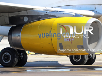 An Airbus A320-232 from Vueling is on the runway ready to take off from Barcelona airport in Barcelona, Spain, on October 8, 2024. (