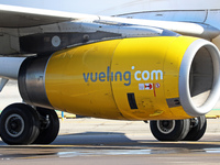 An Airbus A320-232 from Vueling is on the runway ready to take off from Barcelona airport in Barcelona, Spain, on October 8, 2024. (