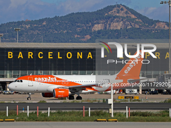 An Airbus A319-111 from easyJet is on the runway ready to take off from Barcelona airport in Barcelona, Spain, on October 8, 2024. (