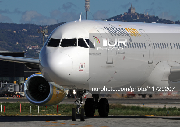 An Airbus A321-231 from Vueling is on the runway ready to take off from Barcelona airport in Barcelona, Spain, on October 8, 2024. 