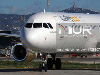 An Airbus A321-231 from Vueling is on the runway ready to take off from Barcelona airport in Barcelona, Spain, on October 8, 2024. (