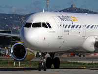 An Airbus A321-231 from Vueling is on the runway ready to take off from Barcelona airport in Barcelona, Spain, on October 8, 2024. (