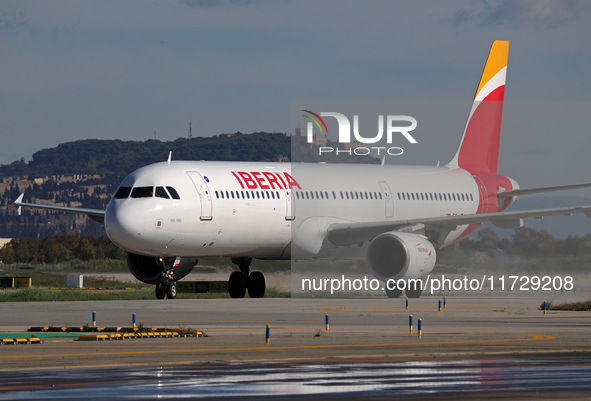 An Airbus A321-213 from Iberia is on the runway ready to take off from Barcelona airport in Barcelona, Spain, on October 8, 2024. 